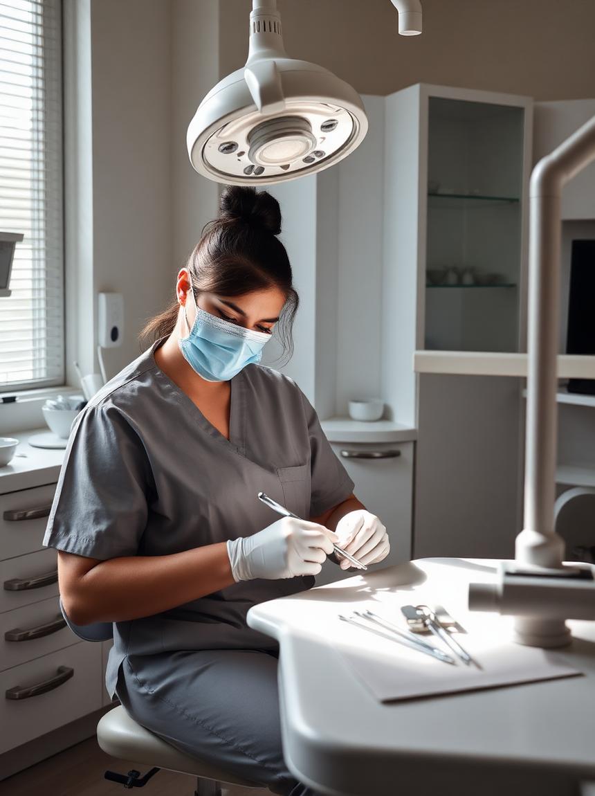 Odontoiatra che prepara gli strumenti in uno studio dentistico