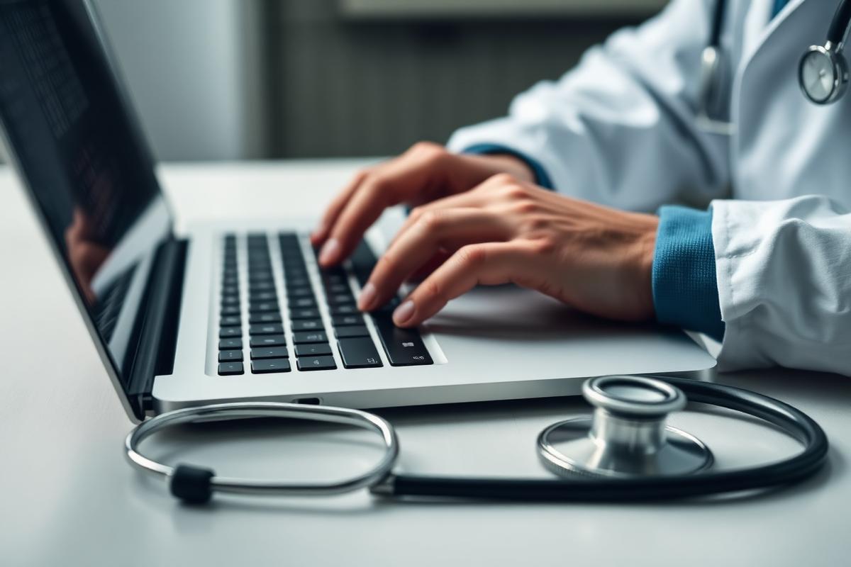 Mani di un medico al computer accanto a uno stetoscopio