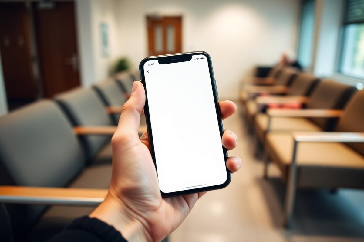 Paziente che prenota un appuntamento dallo smartphone in sala d'attesa